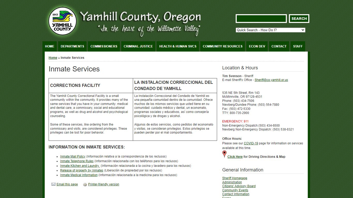 Inmate Services - Yamhill County, Oregon